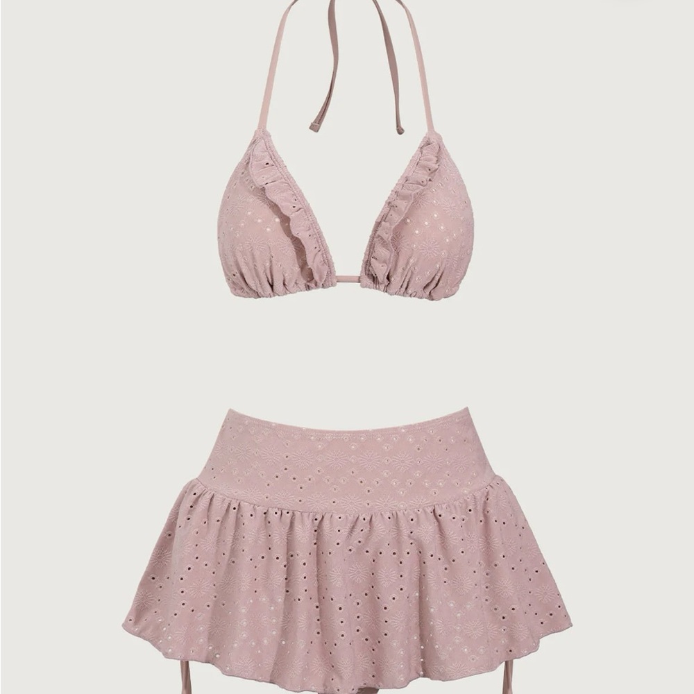 Pink Eyelet 3 Piece Bikini Set